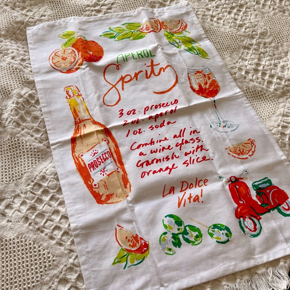 NWT Aperol Spritz Illustrated Tea Towel - Bright Orange & Green